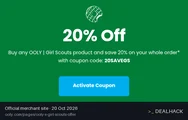 Screenshot of Ooly's website on Oct 20, 2026 showing the "Save 20% on Ooly X Girl Scouts Products" offer