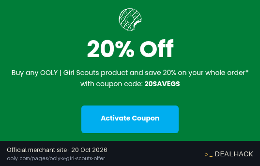 Screenshot of Ooly's website on Oct 20, 2026 showing the "Save 20% on Ooly X Girl Scouts Products" offer