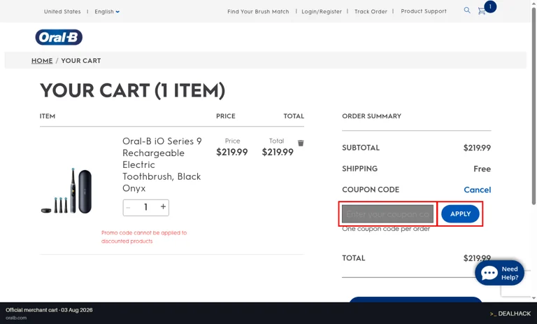 Oral-B checkout page showing the Enter your coupon code field and APPLY button