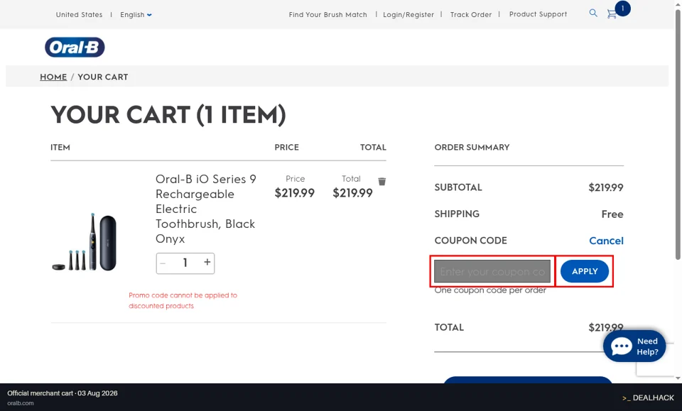 Oral-B checkout page showing the Enter your coupon code field and APPLY button