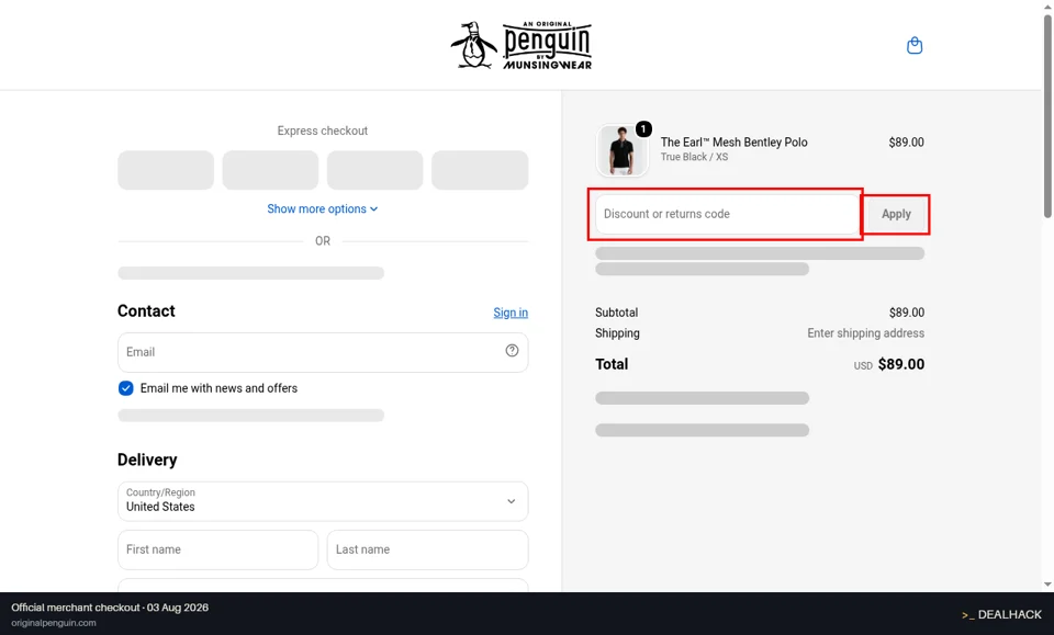 Original Penguin checkout page showing the Discount or returns code field and Apply button