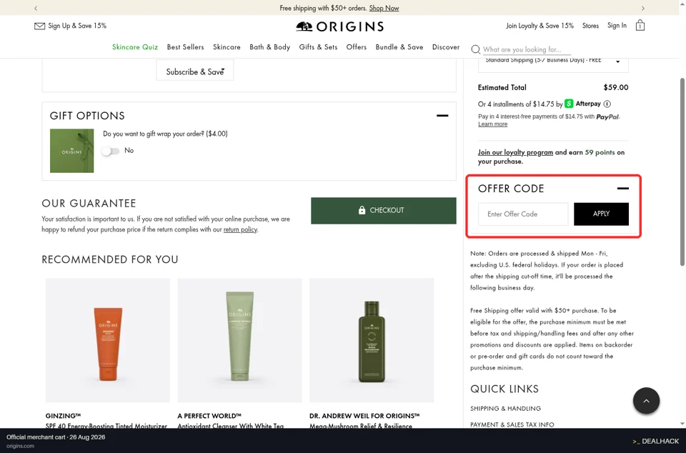Origins checkout page showing the Enter Offer Code field and APPLY button