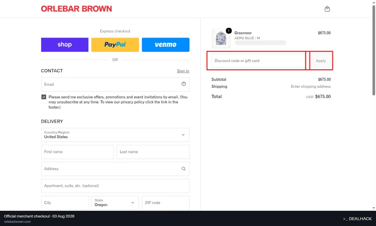 Orlebar Brown checkout page showing the Discount code or gift card field and Apply button
