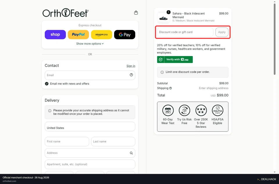 Orthofeet checkout page showing the Discount code or gift card field and Apply button