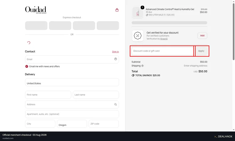 Ouidad checkout page showing the Discount code or gift card field and Apply button