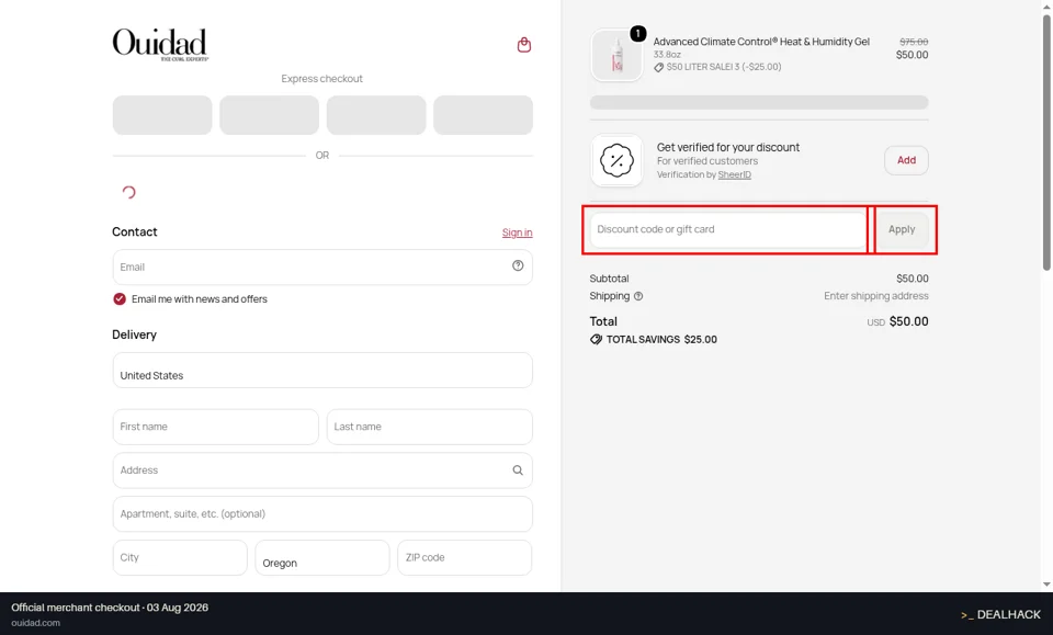 Ouidad checkout page showing the Discount code or gift card field and Apply button