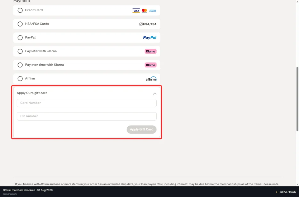 Oura checkout page showing the Card Number field and Apply Gift Card button