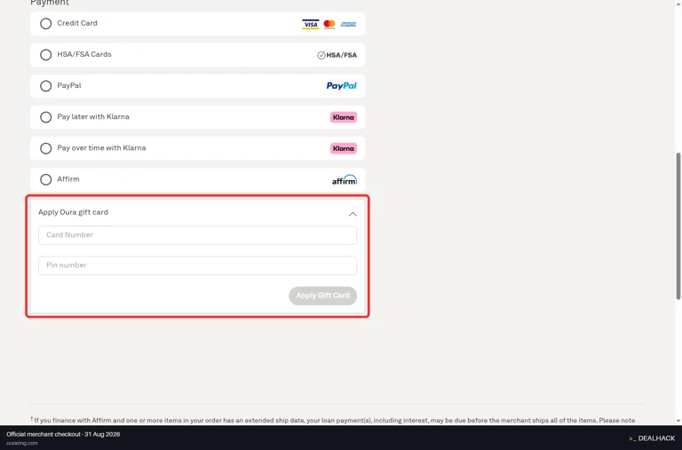 Oura checkout page showing the Card Number field and Apply Gift Card button