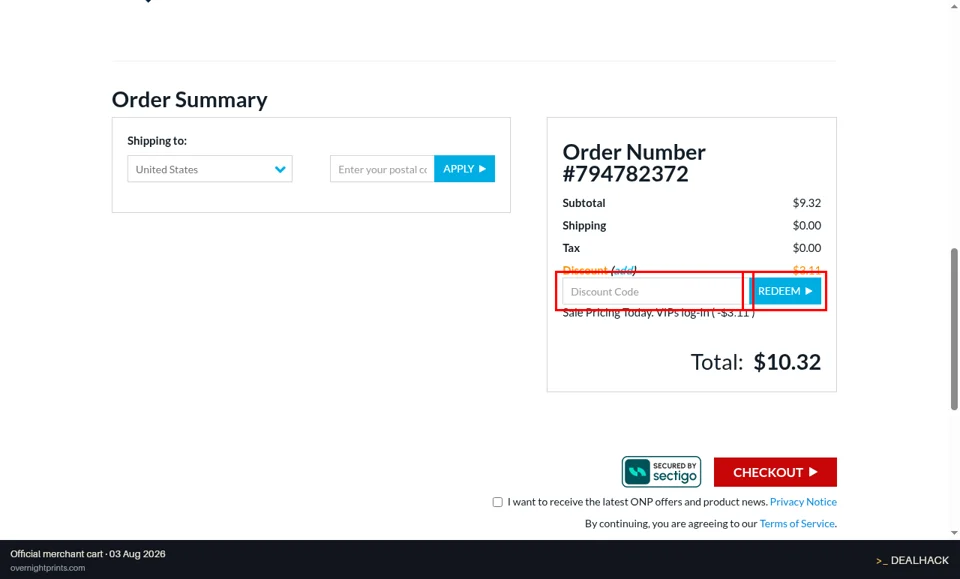 Overnight Prints checkout page showing the Discount Code field and Redeem button