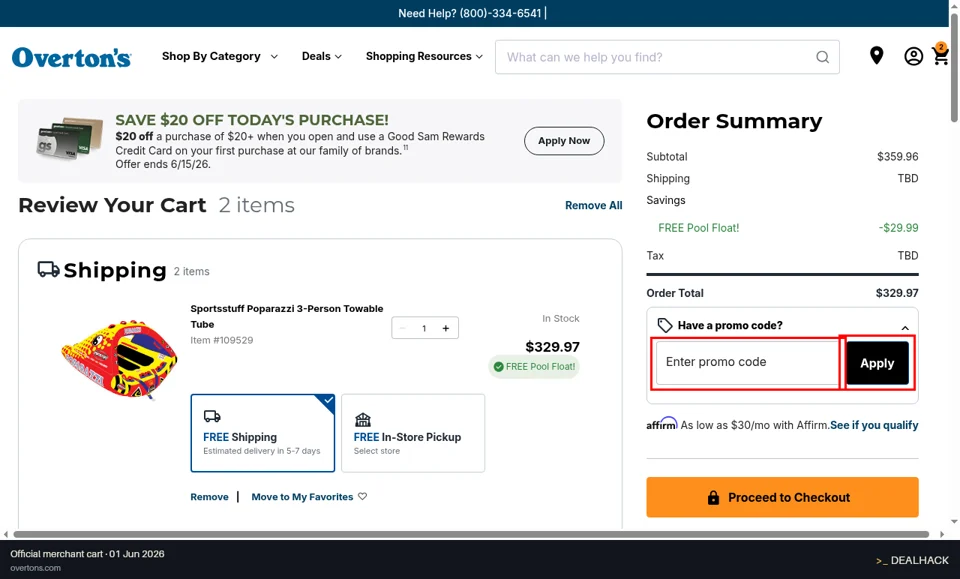 Overton's checkout page showing the Enter promo code field and Apply button