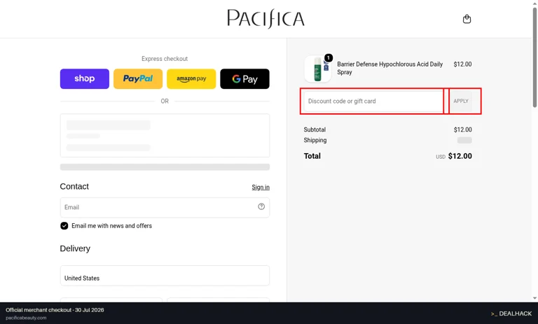 Pacifica Beauty checkout page showing the Discount code or gift card field and Apply button