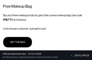 Screenshot of Pacifica Beauty's website on Oct 19, 2026 showing the "Free Makeup Bag With 3 Makeup Products" offer
