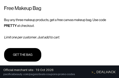 Screenshot of Pacifica Beauty's website on Oct 19, 2026 showing the "Free Makeup Bag With 3 Makeup Products" offer