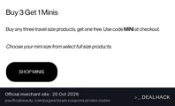 Screenshot of Pacifica Beauty's website on Oct 20, 2026 showing the "Buy 3 Travel-Size Products, Get a Free Mini" offer