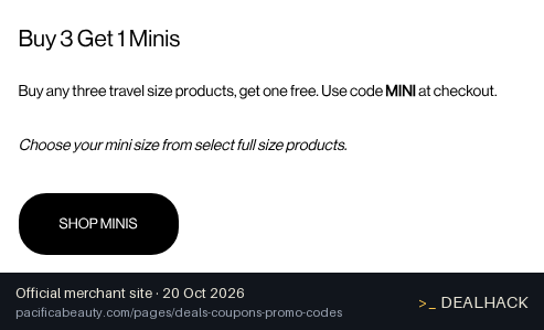 Screenshot of Pacifica Beauty's website on Oct 20, 2026 showing the "Buy 3 Travel-Size Products, Get a Free Mini" offer
