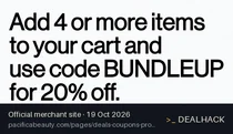 Screenshot of Pacifica Beauty's website on Oct 19, 2026 showing the "Save 20% on 4+ Full-Size Products" offer