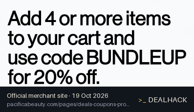 Screenshot of Pacifica Beauty's website on Oct 19, 2026 showing the "Save 20% on 4+ Full-Size Products" offer