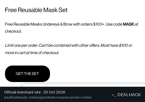 Screenshot of Pacifica Beauty's website on Oct 20, 2026 showing the "Free Reusable Mask Set With $100+ Order" offer
