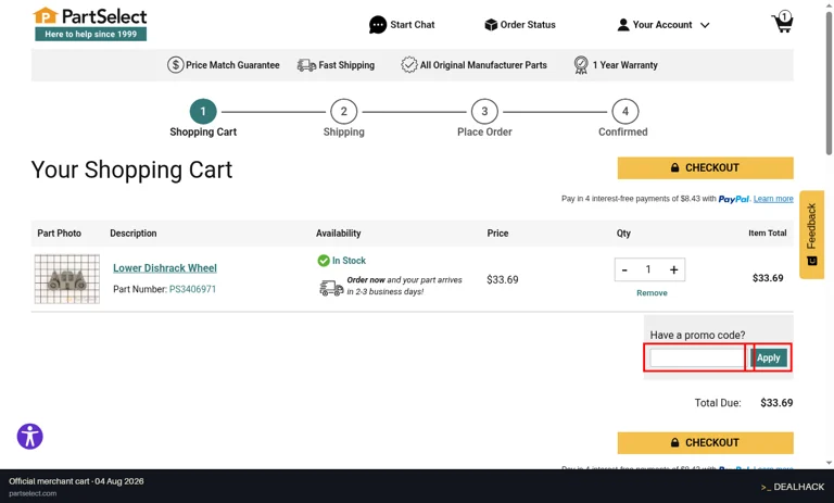 PartSelect checkout page showing the Have a promo code? field and Apply button