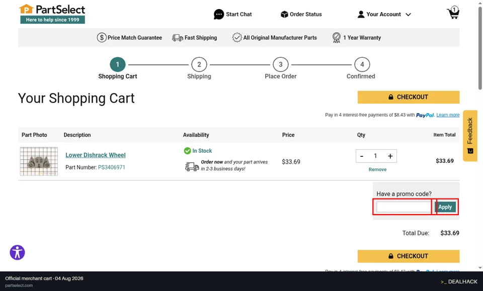 PartSelect checkout page showing the Have a promo code? field and Apply button