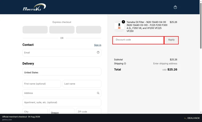 PartsVu checkout page showing the Discount code field and Apply button