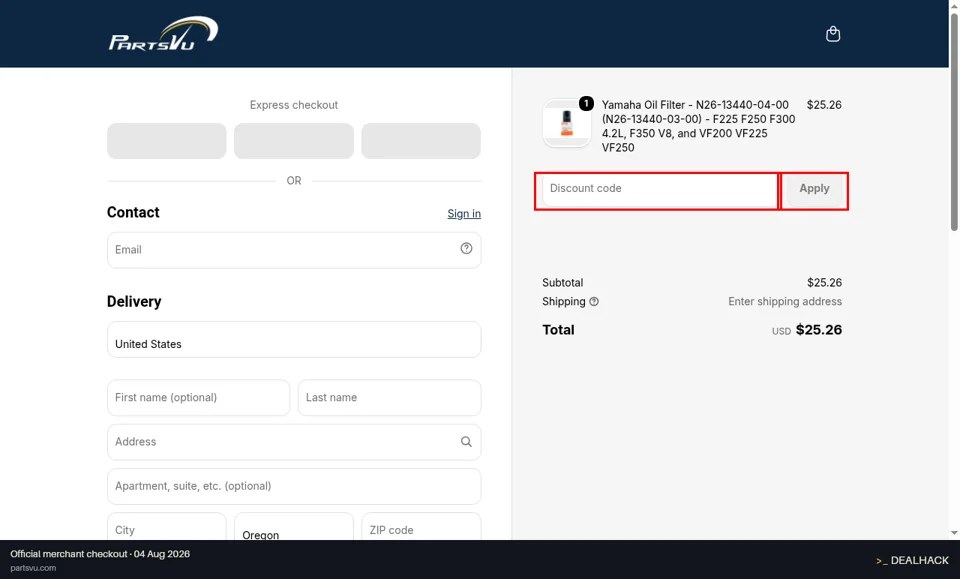 PartsVu checkout page showing the Discount code field and Apply button