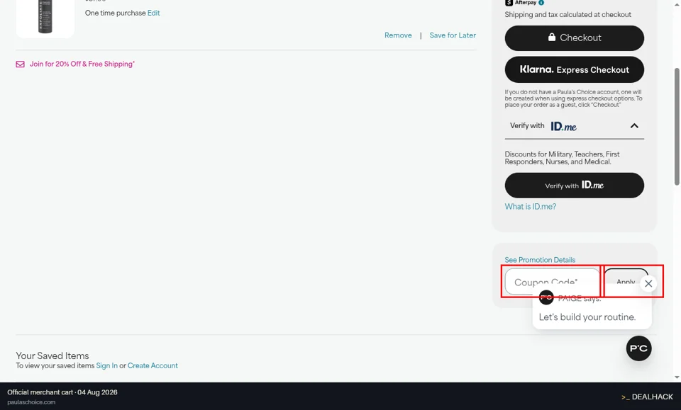 Paula's Choice checkout page showing the Coupon Code field and Apply button