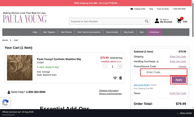 Paula Young checkout page showing the Enter Code field and Apply button