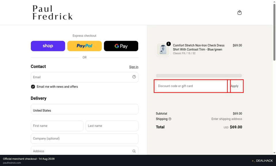 Paul Fredrick checkout page showing the Discount code or gift card field and Apply button