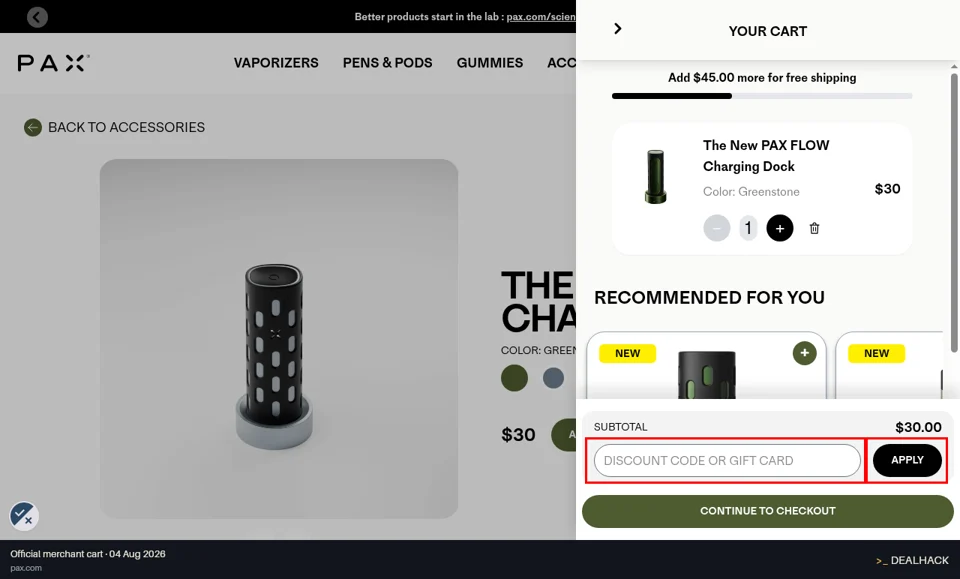 PAX checkout page showing the Discount Code or Gift Card field and Apply button