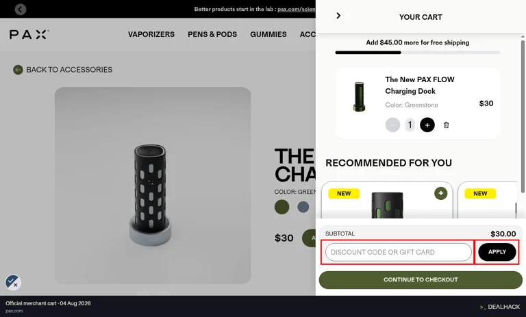 PAX checkout page showing the Discount Code or Gift Card field and Apply button