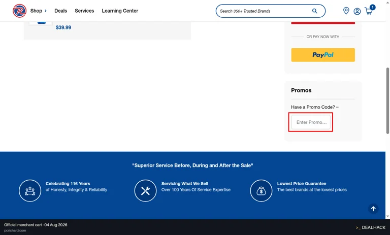 PC Richard & Son checkout page showing the Enter Promo Code field and Apply button