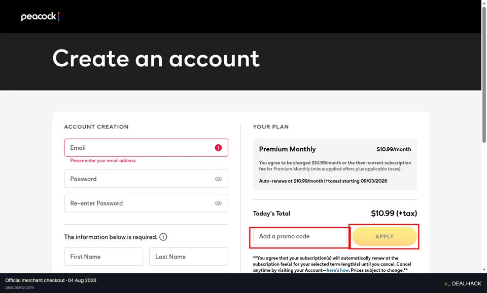 Peacock checkout page showing the Add a promo code field and Apply button