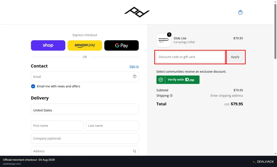Peak Design checkout page showing the Discount code or gift card field and Apply button
