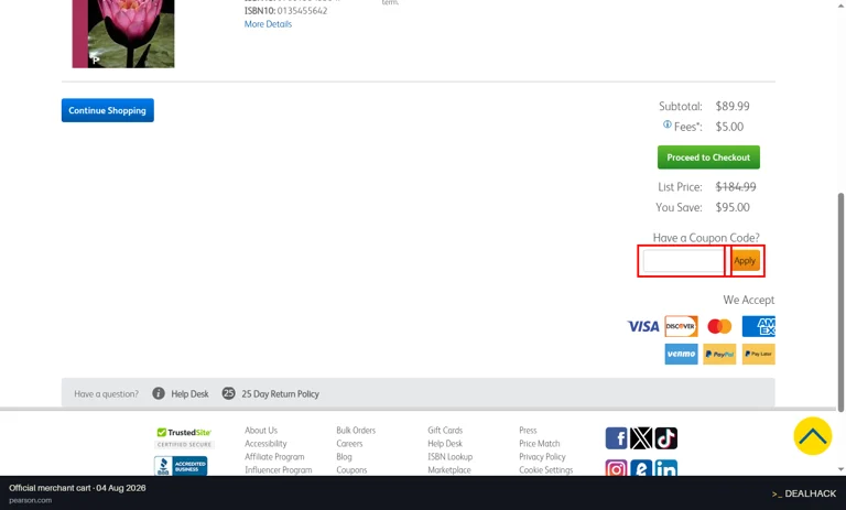 Pearson checkout page showing the txtPromo field and Apply button