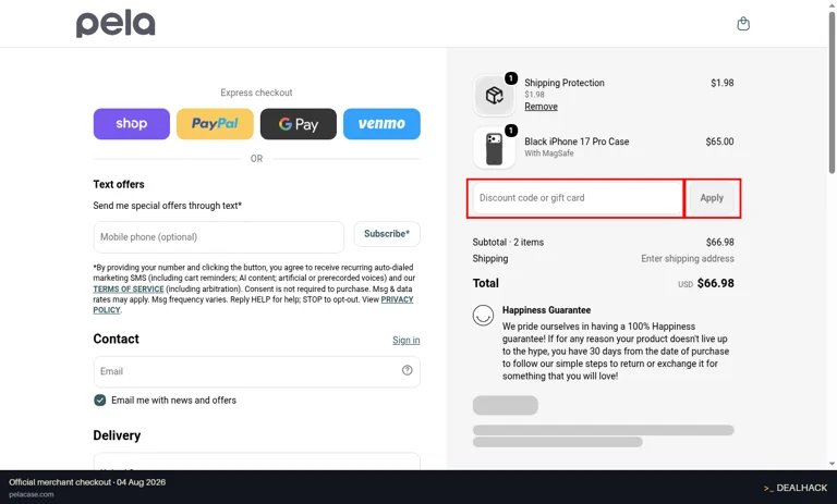 Pela Case checkout page showing the Discount code or gift card field and Apply button