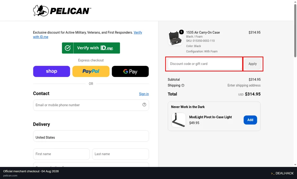 Pelican checkout page showing the Discount code or gift card field and Apply button