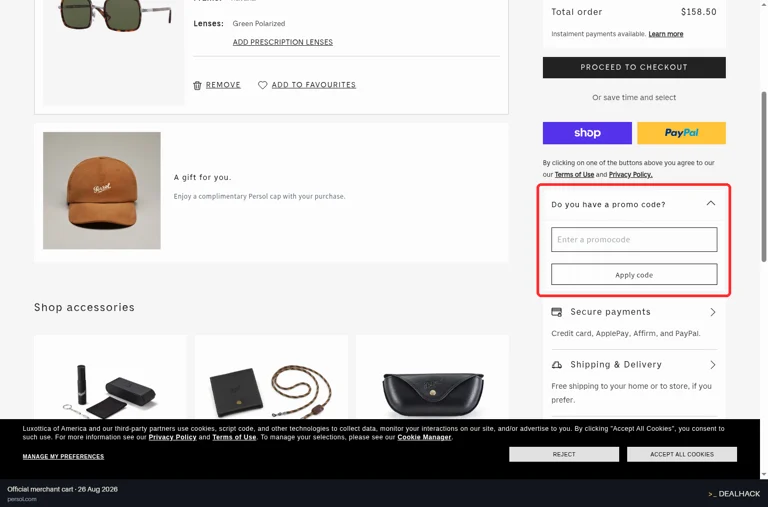 Persol checkout page showing the Enter a promocode field and Apply code button