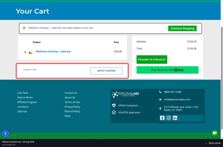 Personalabs checkout page showing the Coupon code field and Apply coupon button