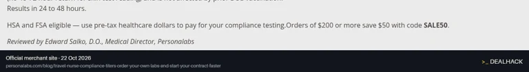 Screenshot of Personalabs's website on Oct 22, 2026 showing the "Save $50 on Personalabs Orders of $200+" offer