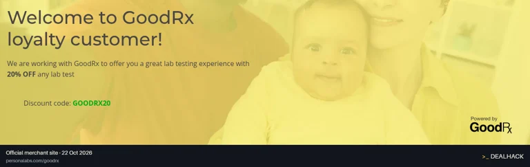 Screenshot of Personalabs's website on Oct 22, 2026 showing the "Save 20% on Lab Tests for GoodRx Customers" offer