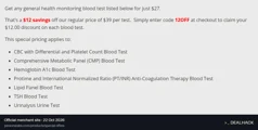 Screenshot of Personalabs's website on Oct 22, 2026 showing the "Save $12 on Select General Health Tests" offer