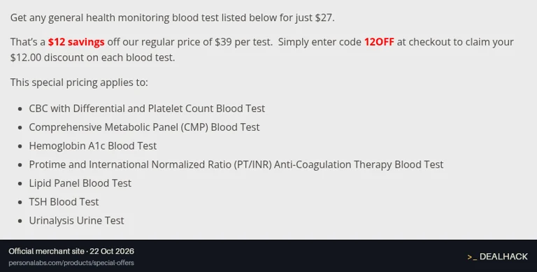Screenshot of Personalabs's website on Oct 22, 2026 showing the "Save $12 on Select General Health Tests" offer