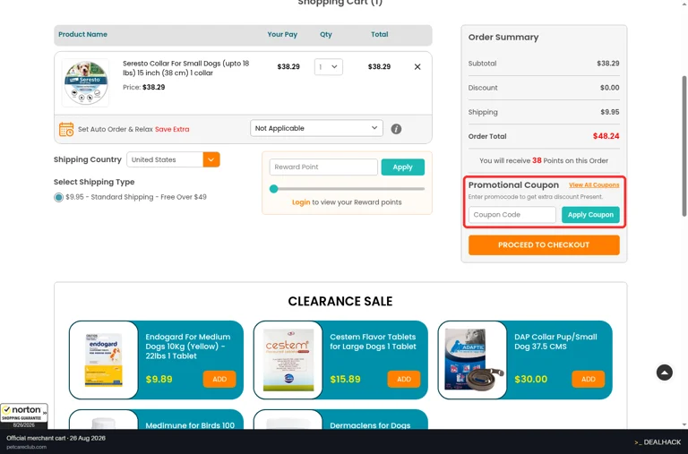 PetCareClub checkout page showing the Coupon Code field and Apply Coupon button