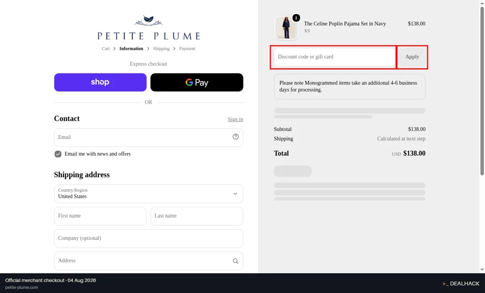Petite Plume checkout page showing the Discount code or gift card field and Apply button