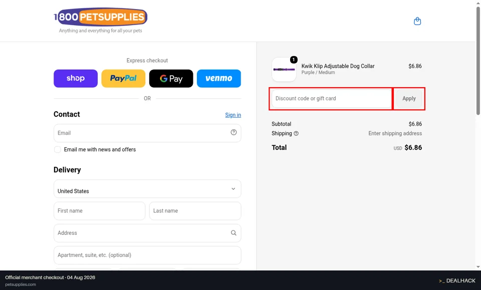 1800PetSupplies.com checkout page showing the Discount code or gift card field and Apply button