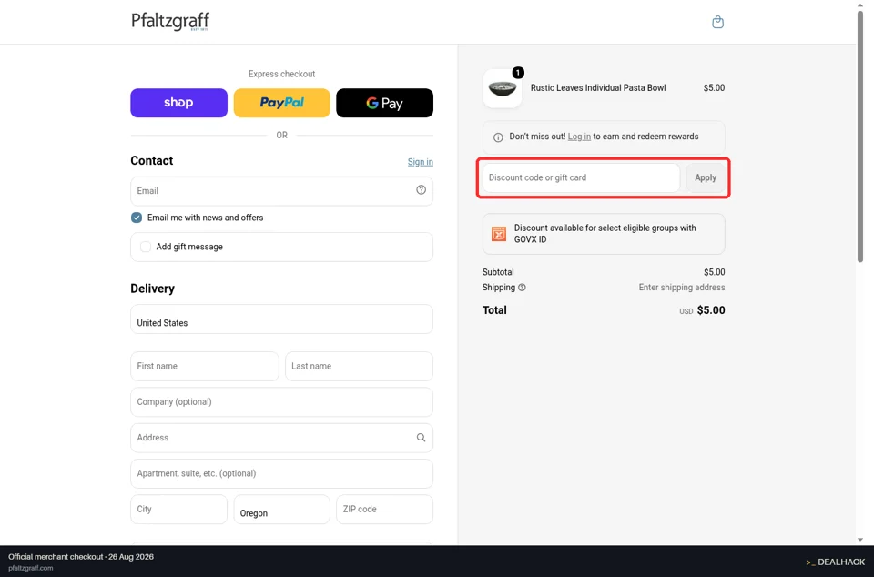 Pfaltzgraff checkout page showing the Discount code or gift card field and Apply button