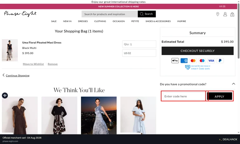 Phase Eight checkout page showing the Enter code here field and Apply button