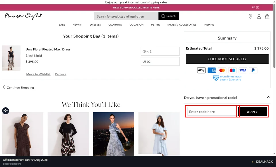 Phase Eight checkout page showing the Enter code here field and Apply button