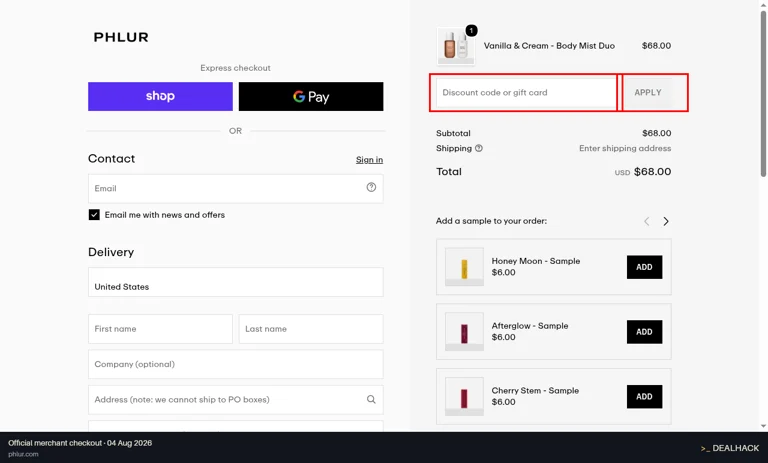 Phlur checkout page showing the Discount code or gift card field and Apply button